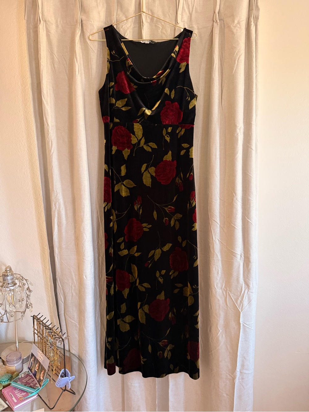 Studio Black Velvet Vintage Maxi Dress with Red Rose Print